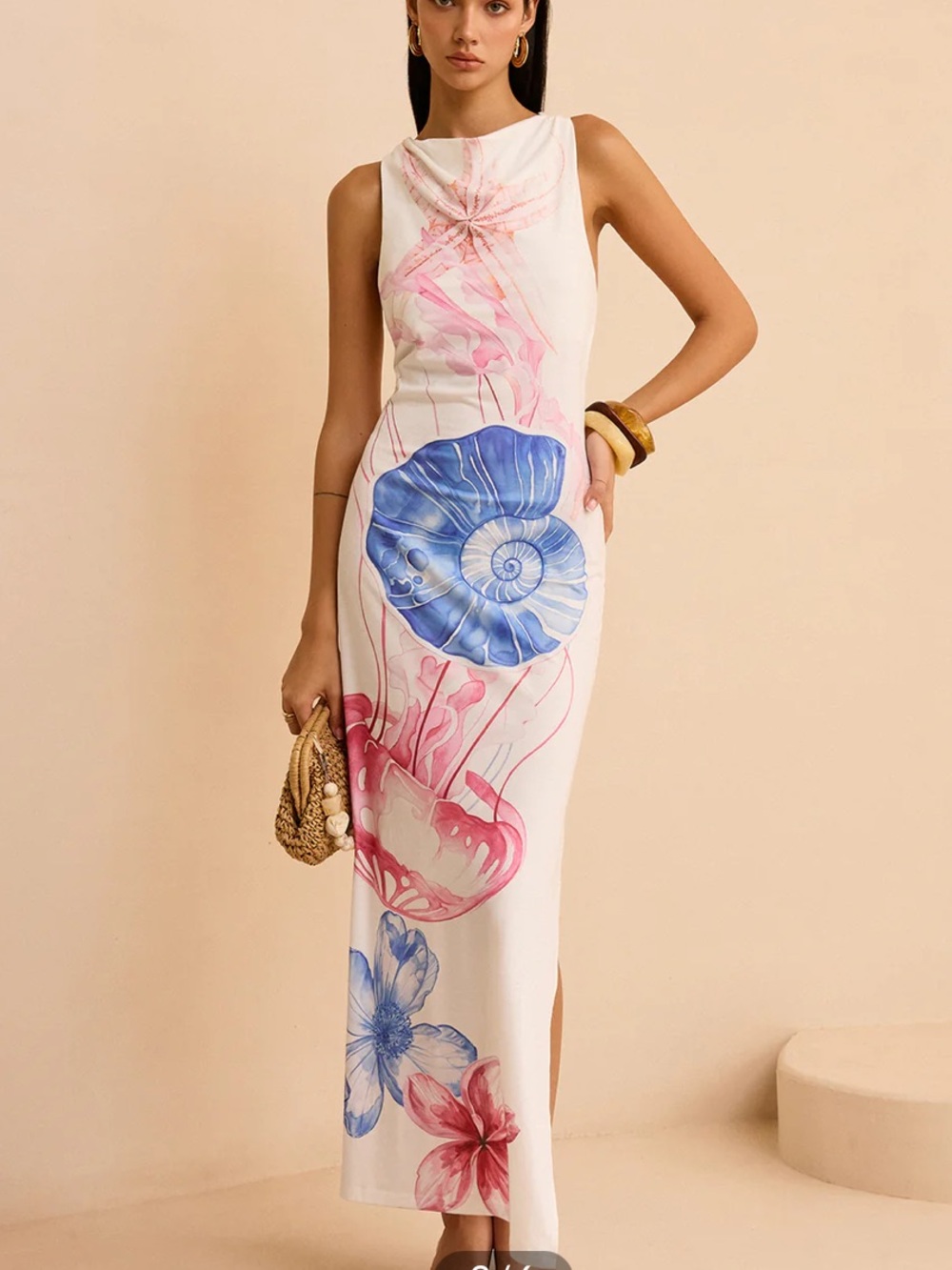 Commense White Semi Sheer Ocean Print Maxi Dress